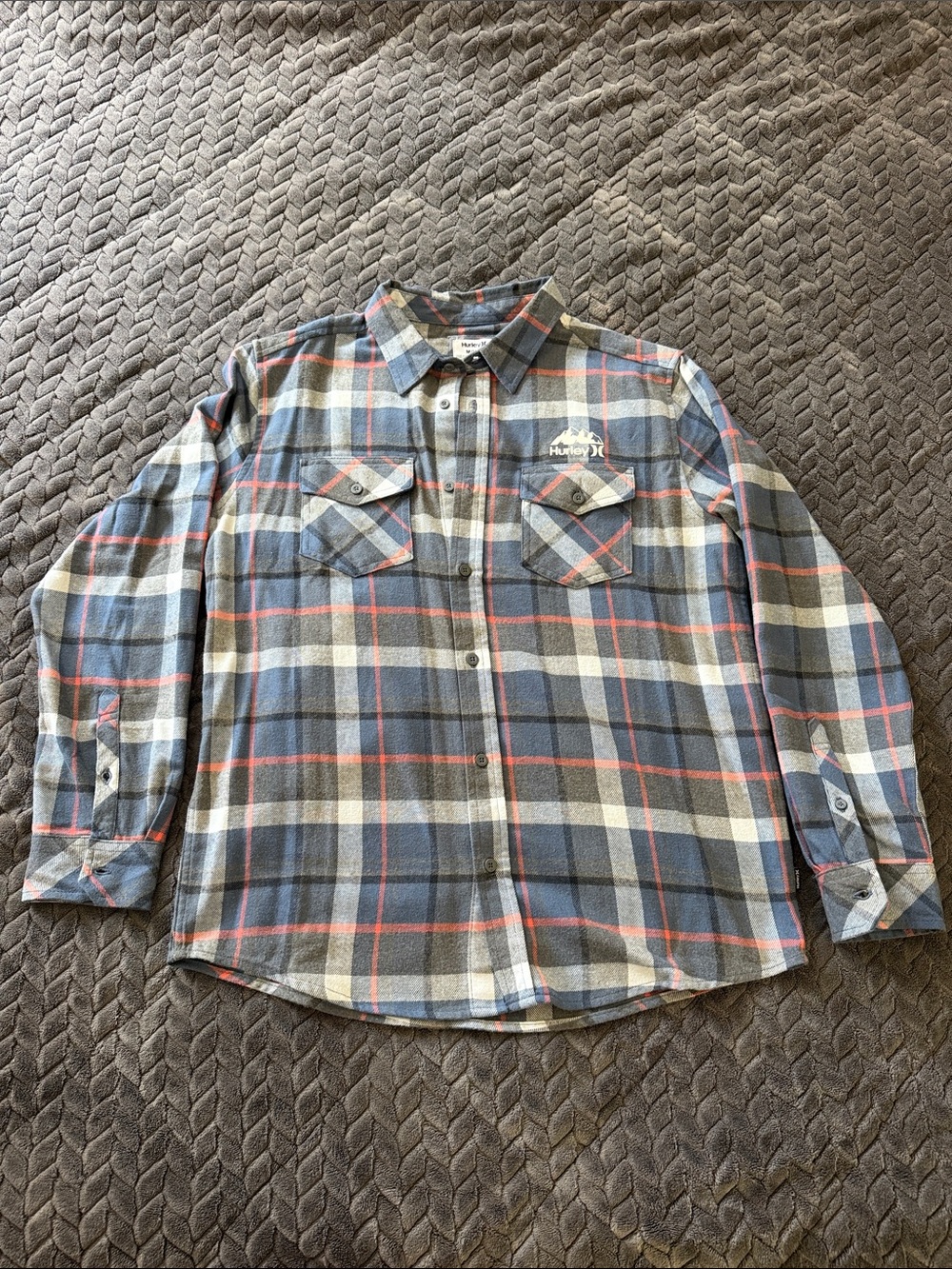 Hurley Men's Gray and Blue Plaid Button-Down Shirt with Red Accents
